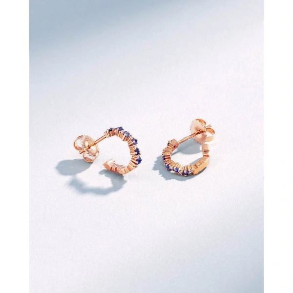 Suzanne Kalan Princess Staggered Dark Blue Sapphire Mini Hoops in 18K Rose Gold | Fine Earrings | Coveti