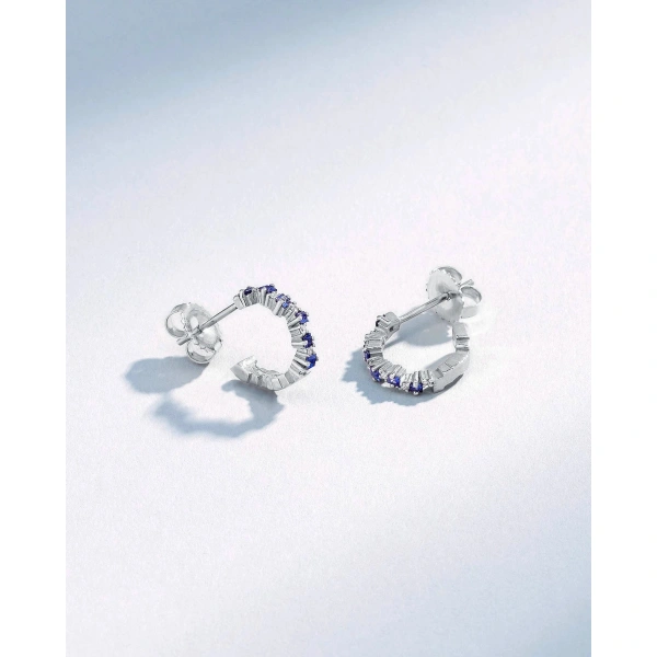 Suzanne Kalan Princess Staggered Dark Blue Sapphire Mini Hoops in 18K White Gold | Fine Earrings | Coveti