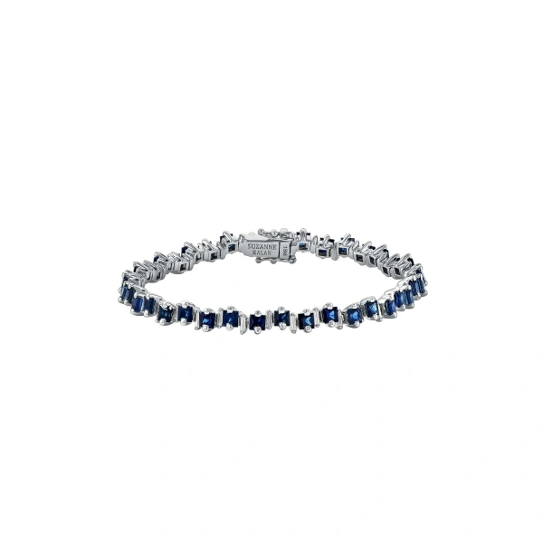 Suzanne Kalan Princess Staggered Dark Blue Sapphire Tennis Bracelet in 18K White Gold | Fine Bracelets | Coveti