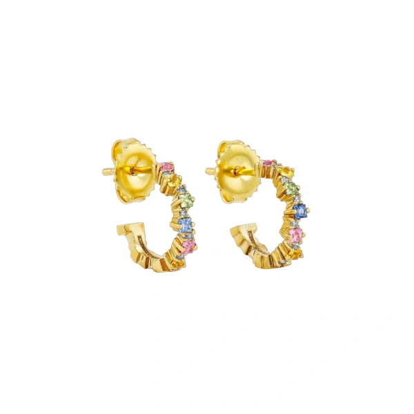 Suzanne Kalan Princess Staggered Mini Hoops in 18K Yellow Gold, Pastel Sapphire | Fine Earrings | Coveti