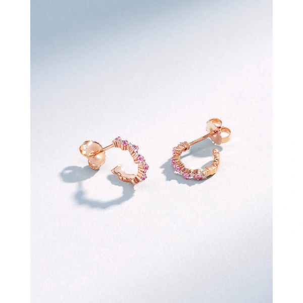 Suzanne Kalan Princess Staggered Pink Sapphire Mini Hoops in 18K Rose Gold | Fine Earrings | Coveti