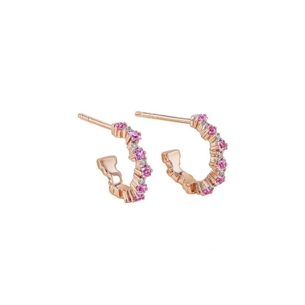 Princess Staggered Pink Sapphire Mini Hoops in 18K Rose Gold