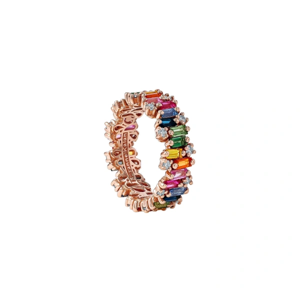 Suzanne Kalan Shimmer Alaia Eternity Band in 18K Rose Gold, Rainbow Sapphire | Fine Rings | Coveti