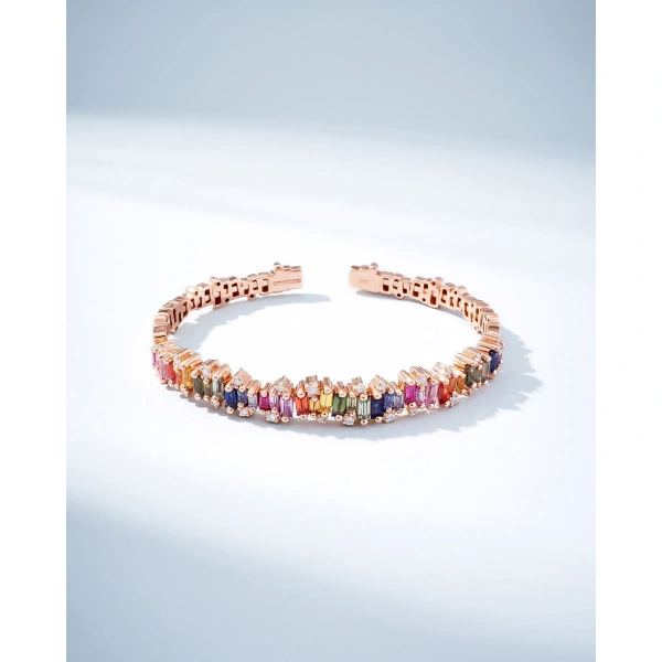 Suzanne Kalan Shimmer Audrey Rainbow Sapphire Bangle in 18K Rose Gold | Fine Bracelets | Coveti