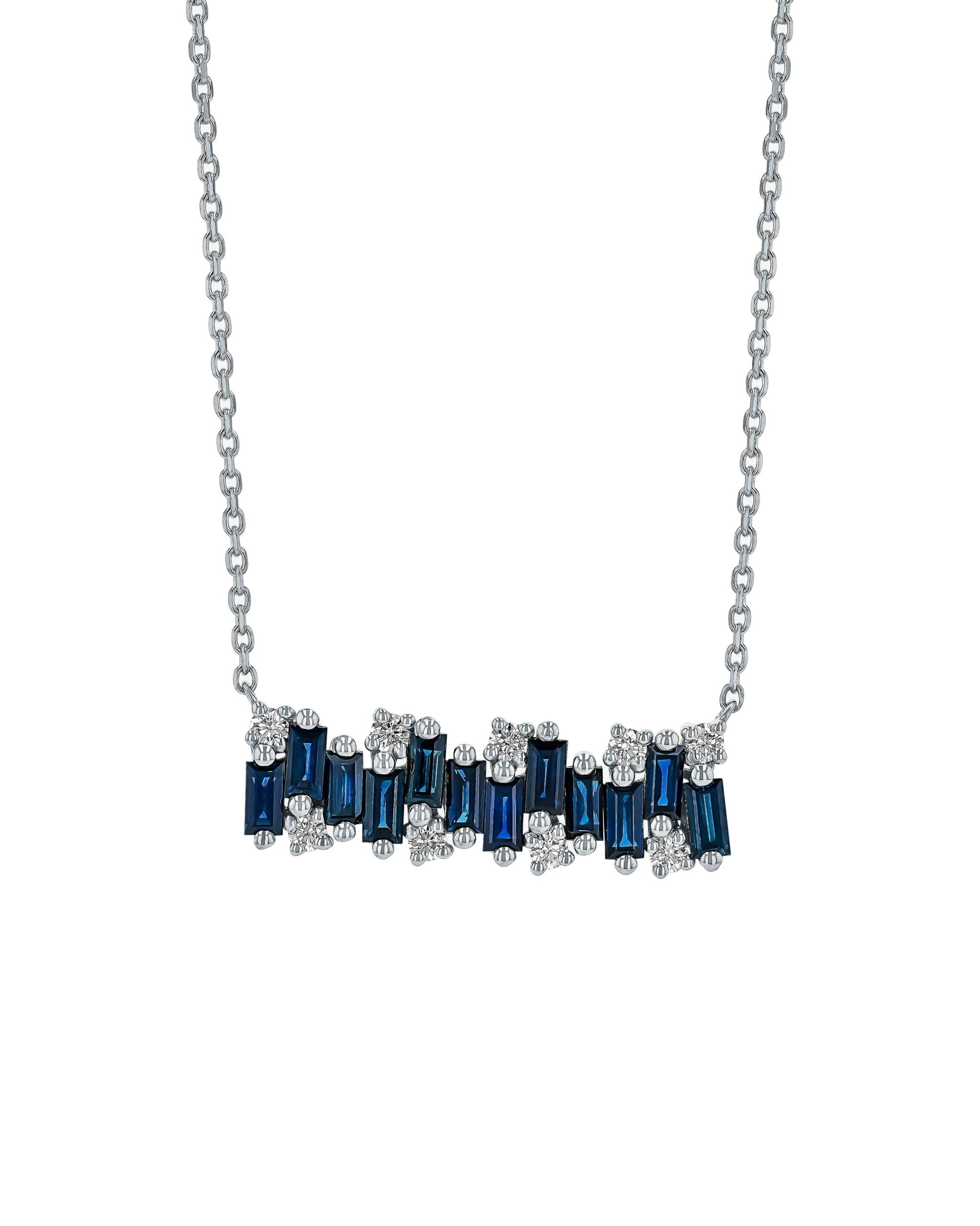 Suzanne Kalan Shimmer Dark Blue Sapphire Bar Pendant in 18K White Gold Suzanne Kalan Shimmer Dark Blue Sapphire Bar Pendant in 18K White Gold | Fine Necklaces | Coveti