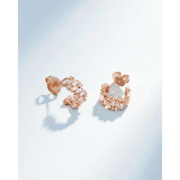 Suzanne Kalan Shimmer Diamond Mini Hoops in 18K Rose Gold | Fine Earrings | Coveti