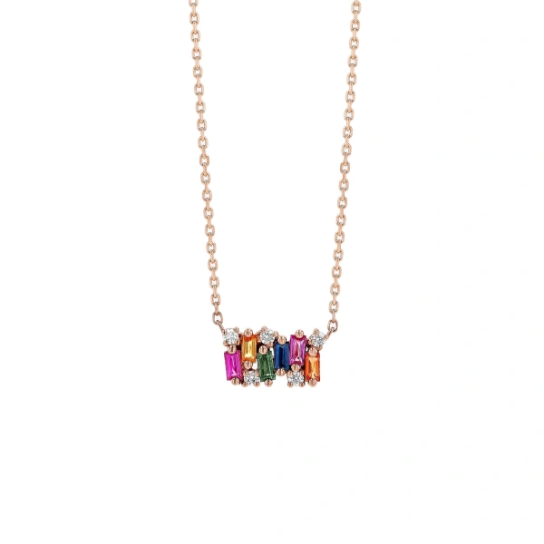 Suzanne Kalan Shimmer Mini Bar Pendant in 18K Rose Gold, Rainbow Sapphire | Fine Necklaces | Coveti