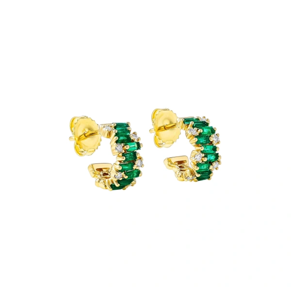 Suzanne Kalan Shimmer Mini Hoops in 18K Yellow Gold, Emerald | Fine Earrings | Coveti