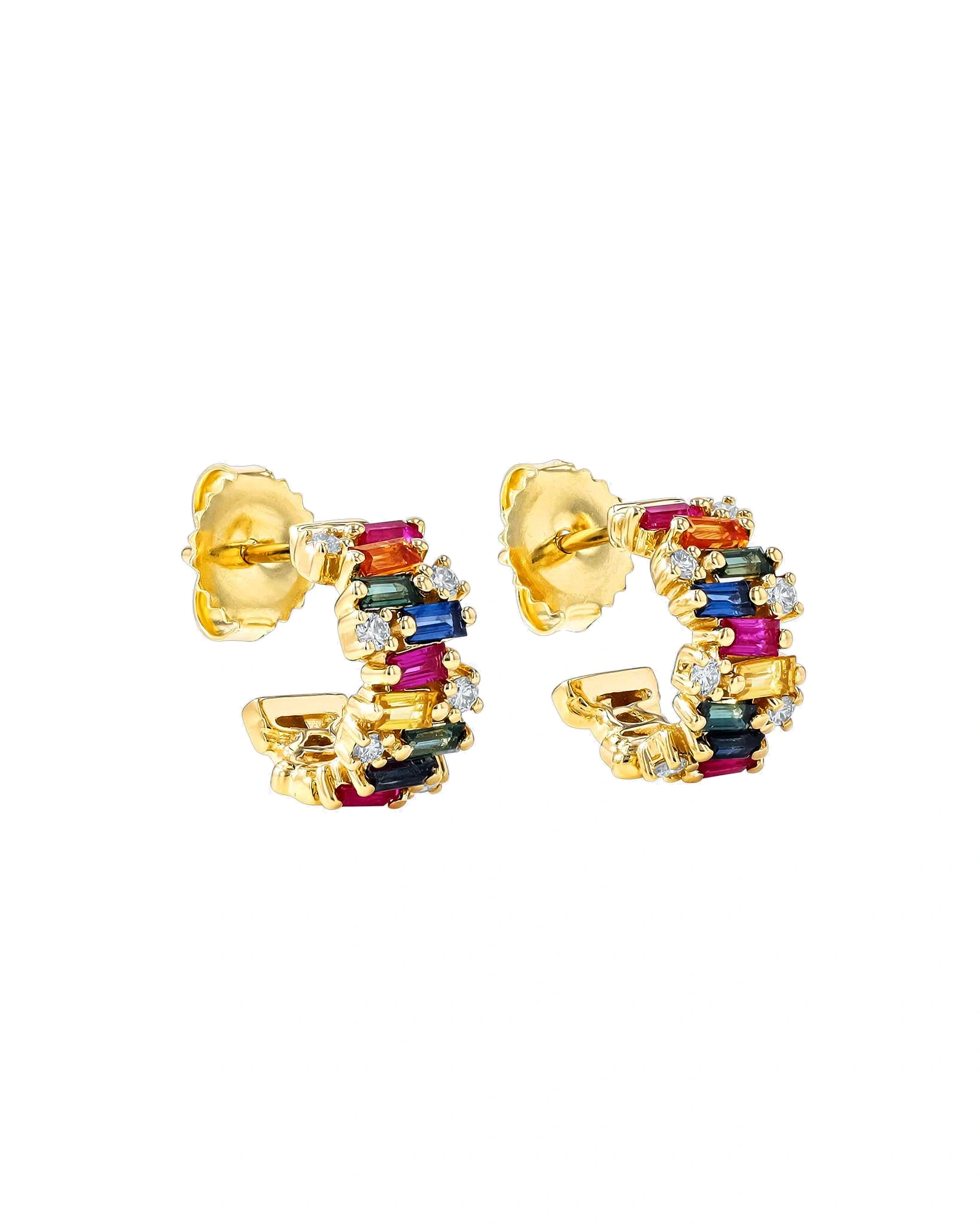 Suzanne Kalan Shimmer Mini Hoops in 18K Yellow Gold, Rainbow Sapphire Suzanne Kalan Shimmer Mini Hoops in 18K Yellow Gold, Rainbow Sapphire | Fine Earrings | Coveti