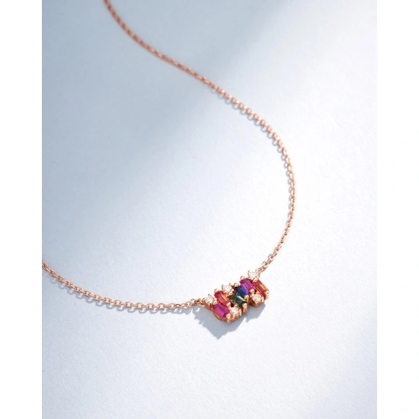 Suzanne Kalan Shimmer Rainbow Sapphire Mini Bar Pendant in 18K Rose Gold | Fine Necklaces | Coveti