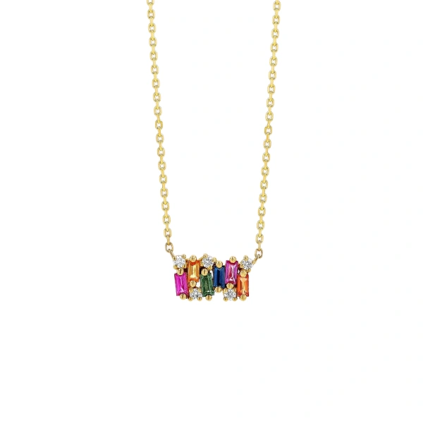 Suzanne Kalan Shimmer Rainbow Sapphire Mini Bar Pendant in 18K Yellow Gold | Fine Necklaces | Coveti
