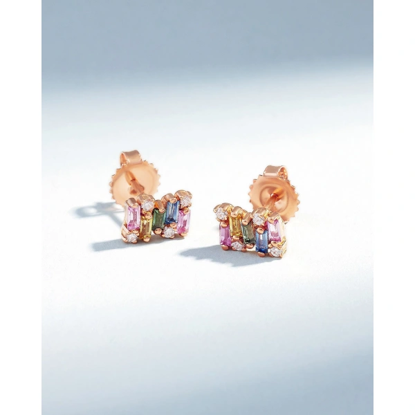 Suzanne Kalan Shimmer Rainbow Sapphire Studs in 18K Rose Gold | Fine Earrings | Coveti