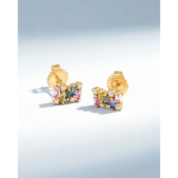 Suzanne Kalan Shimmer Rainbow Sapphire Studs in 18K Yellow Gold | Fine Earrings | Coveti