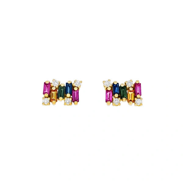 Suzanne Kalan Shimmer Rainbow Sapphire Studs in 18K Yellow Gold | Fine Earrings | Coveti