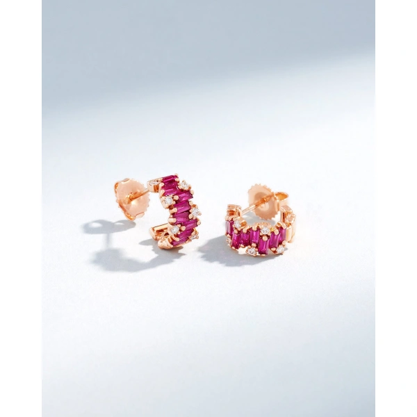 Suzanne Kalan Shimmer Ruby Mini Hoops in 18K Rose Gold | Fine Earrings | Coveti
