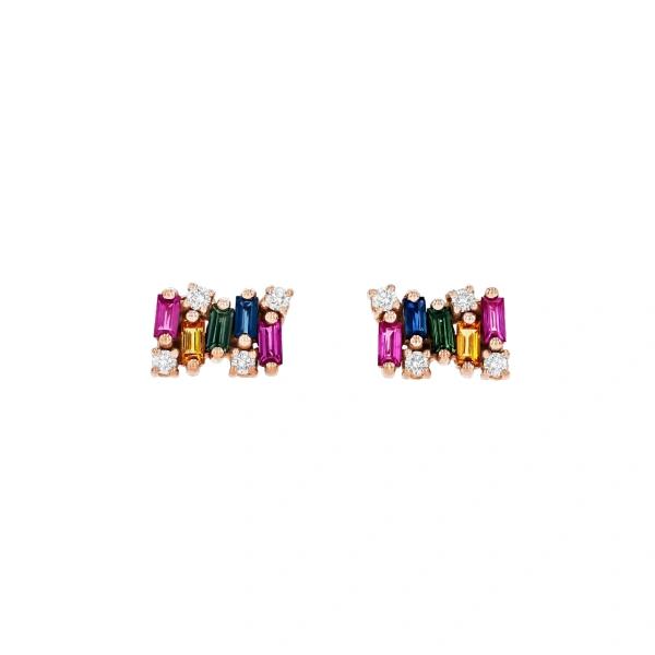 Suzanne Kalan Shimmer Studs in 18K Rose Gold, Rainbow Sapphire | Fine Earrings | Coveti