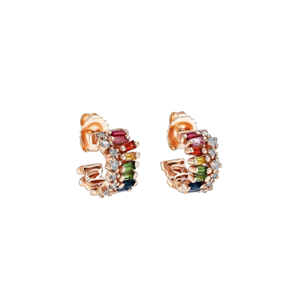 Suzanne Kalan Short Stack Mini Hoops in 18K Rose Gold, Rainbow Sapphire | Fine Earrings | Coveti