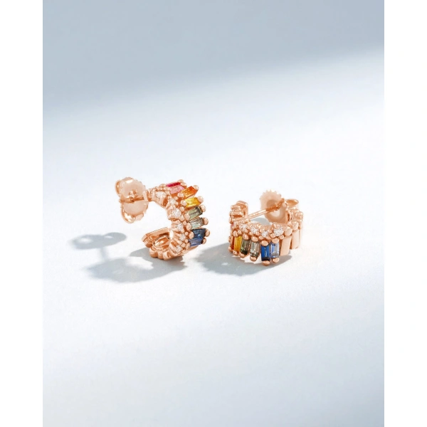 Suzanne Kalan Short Stack Rainbow Sapphire Mini Hoops in 18K Rose Gold | Fine Earrings | Coveti
