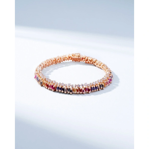Suzanne Kalan Short Stack Rainbow Sapphire Tennis Bracelet in 18K Rose Gold | Fine Bracelets | Coveti