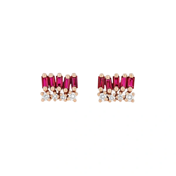Suzanne Kalan Short Stack Studs in 18K Rose Gold, Ruby | Fine Earrings | Coveti