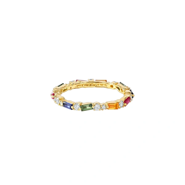 Suzanne Kalan Thin Mix Eternity Band in 18K Yellow Gold, Rainbow Sapphire | Fine Rings | Coveti