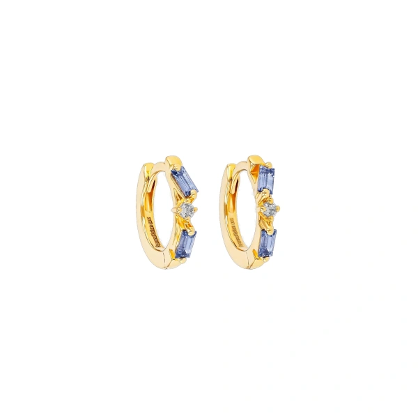 Suzanne Kalan Thin Mix Huggies in 18K Yellow Gold, Light Blue Sapphire | Fine Earrings | Coveti