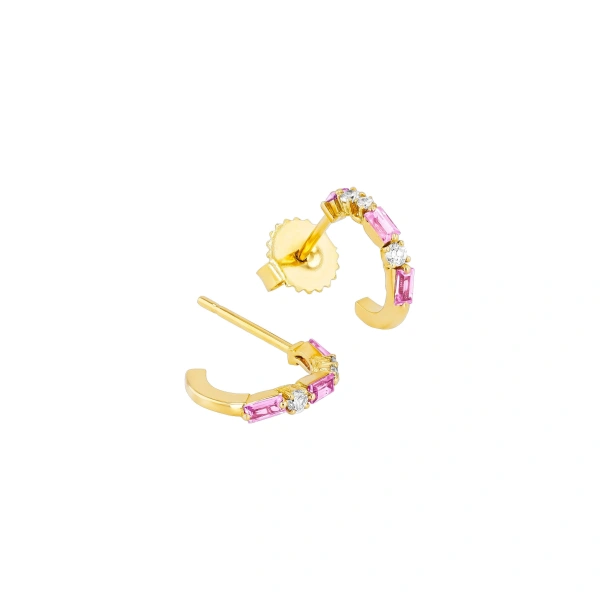 Suzanne Kalan Thin Mix Pink Sapphire Mini Hoops in 18K Yellow Gold | Fine Earrings | Coveti