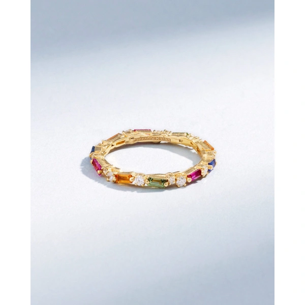 Suzanne Kalan Thin Mix Rainbow Sapphire Eternity Band in 18K Yellow Gold | Fine Rings | Coveti