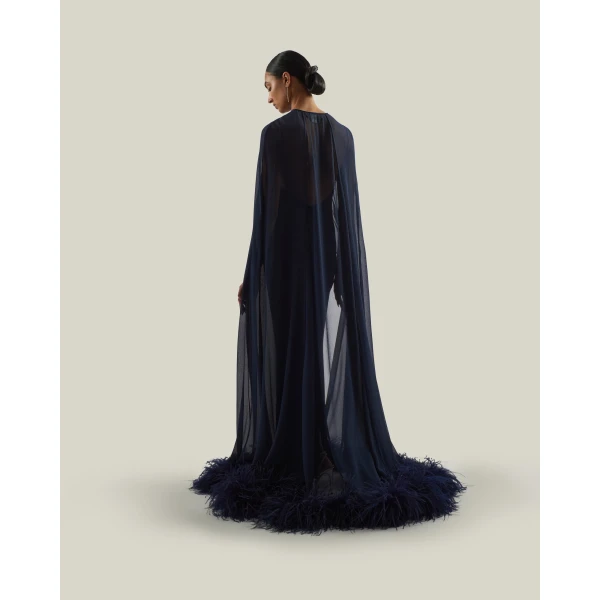 Taller Marmo Grace Cape Dress in Midnight Blue | Maxi Dresses | Coveti