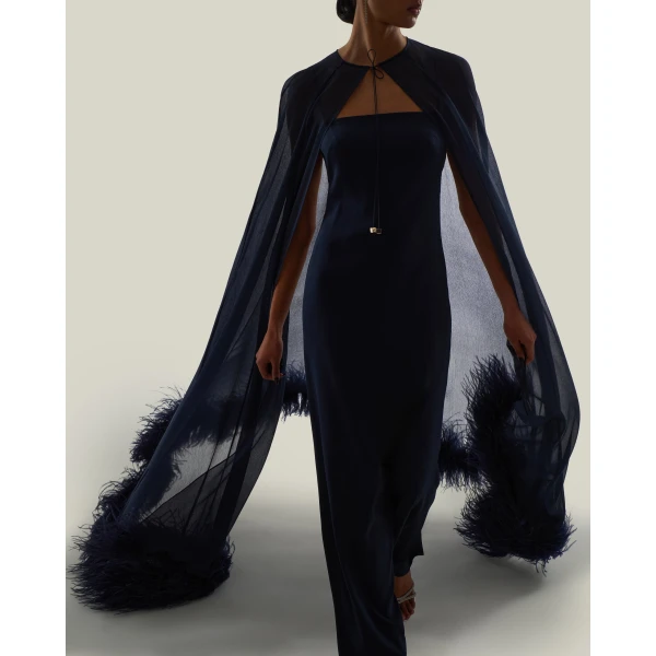 Taller Marmo Grace Cape Dress in Midnight Blue | Maxi Dresses | Coveti