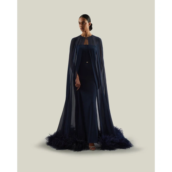 Taller Marmo Grace Cape Dress in Midnight Blue | Maxi Dresses | Coveti