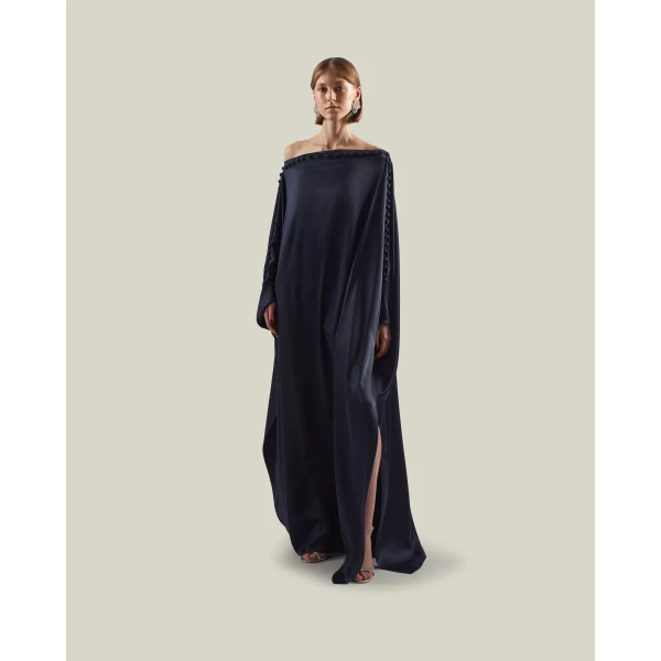 Taller Marmo Mila Satin Kaftan in Midnight Blue | kaftan | Coveti