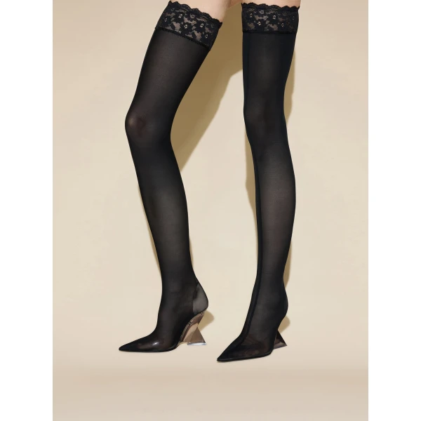 The Attico Cheope Thigh-High Boots in Black Net | Boots | Coveti