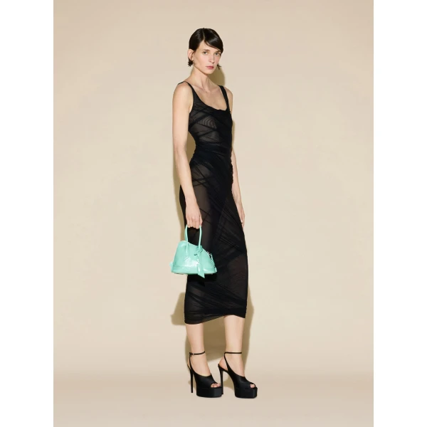 The Attico Draped Tulle Midi Dress in Black | Midi Dresses | Coveti