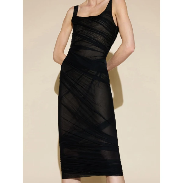 The Attico Draped Tulle Midi Dress in Black | Midi Dresses | Coveti