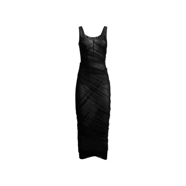 Draped Tulle Midi Dress in Black