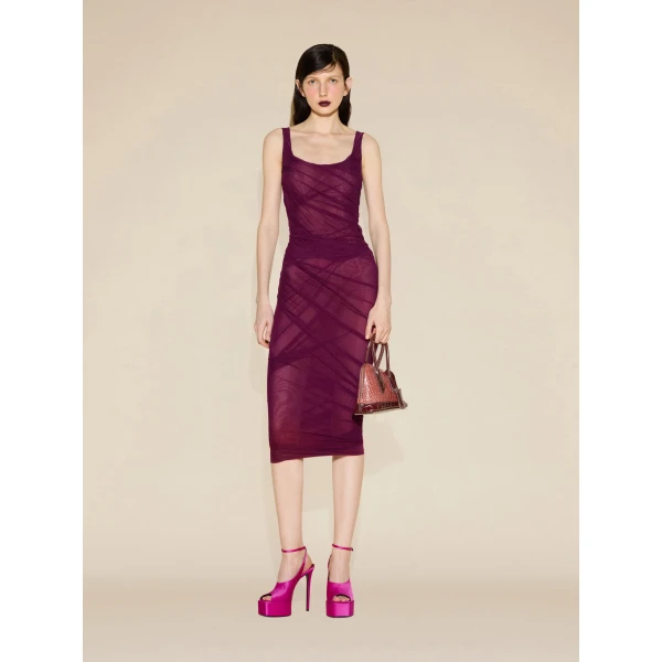 The Attico Draped Tulle Midi Dress in Plum | Midi Dresses | Coveti