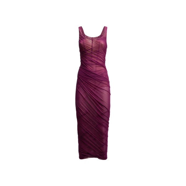 Draped Tulle Midi Dress in Plum