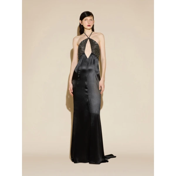 The Attico Embellished Halterneck Satin Gown in Black | Evening Gowns | Coveti