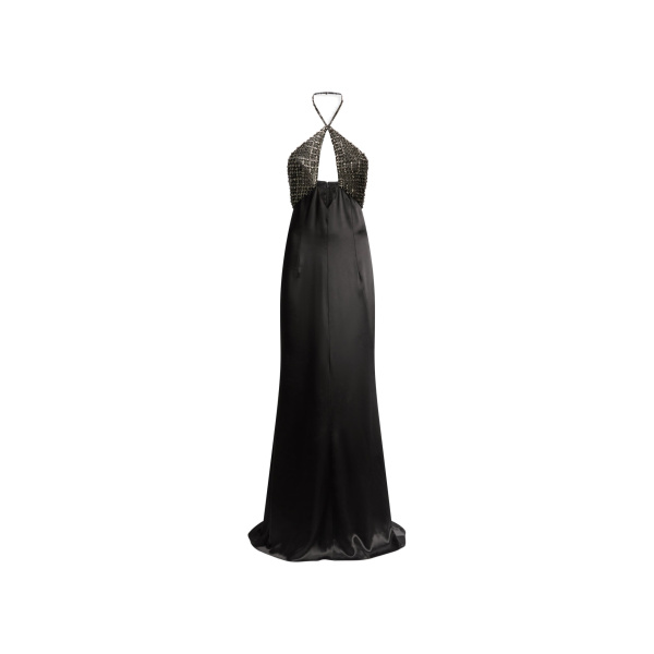 Embellished Halterneck Satin Gown in Black