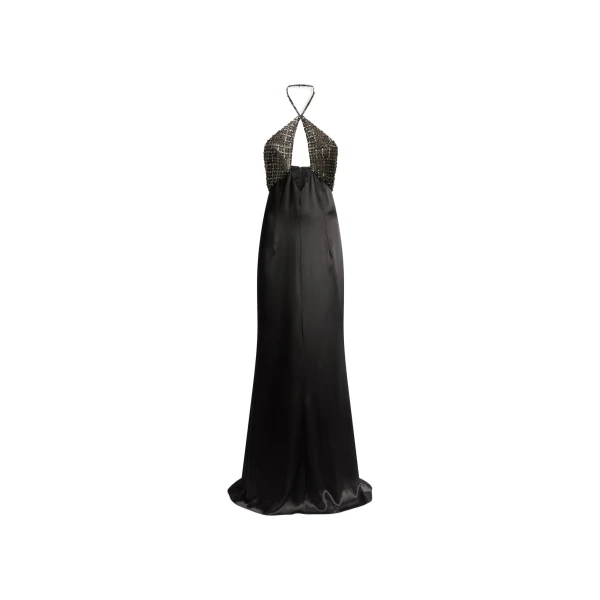 Embellished Halterneck Satin Gown in Black