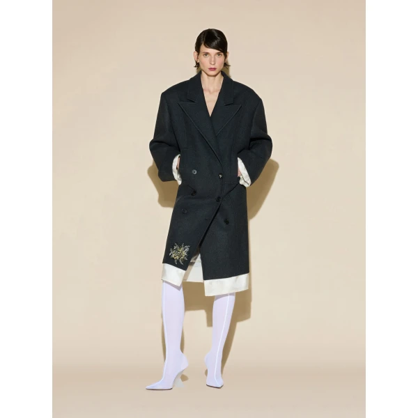 The Attico Embroidered Double-Breasted Coat in Melange Dark Grey | Wool Coat | Coveti