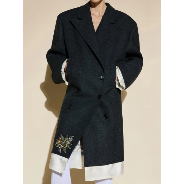The Attico Embroidered Double-Breasted Coat in Melange Dark Grey | Wool Coat | Coveti