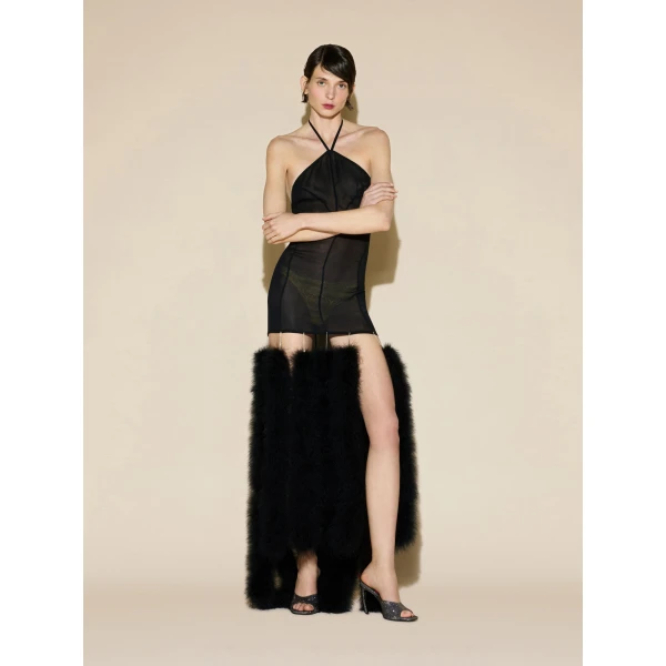 The Attico Feather Trim Georgette Gown in Black | Evening Gowns | Coveti