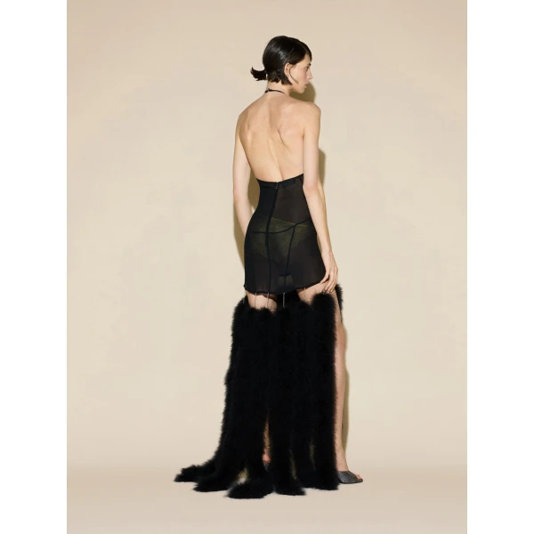 The Attico Feather Trim Georgette Gown in Black | Evening Gowns | Coveti