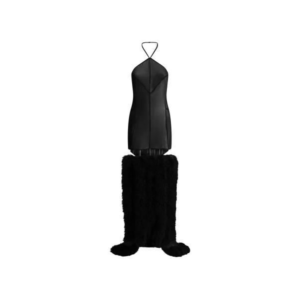 Feather Trim Georgette Gown in Black
