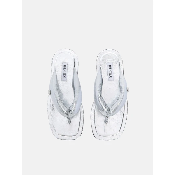 The Attico Indie Flat Thong Sandals in Silver | Flats | Coveti