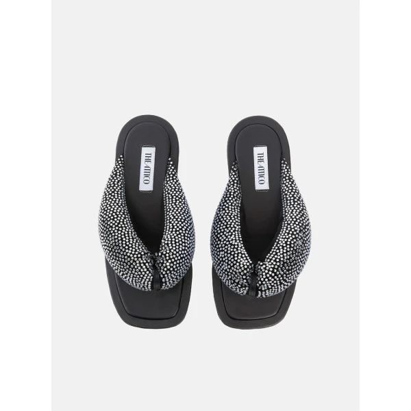 The Attico Indie Max Flat Thong Sandals in Black and Crystal | Flats | Coveti