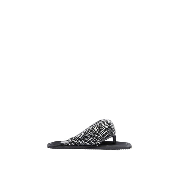 The Attico Indie Max Flat Thong Sandals in Black and Crystal | Flats | Coveti