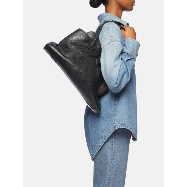 The Attico La Passeggiata Medium Top Handle Bag in Black Grained Leather | Totes & Top-Handle Bags | Coveti